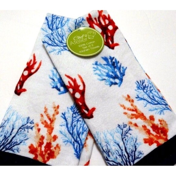 Chef's Atelier Coral Kitchen Towels 2-Pc Ocean Sea Nautical Blue Red Ocean Gift - Picture 2 of 2